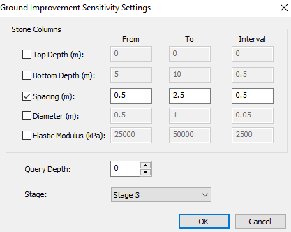 Ground Improvement Sensitivity Settings dialog